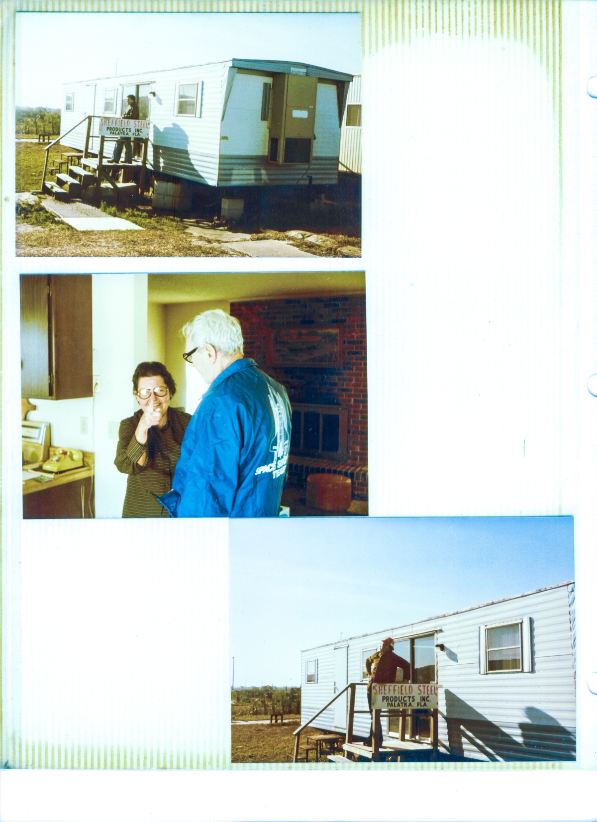 Top: Eugene Hajdaj stands in front of Sheffield Steel’s field trailer at Space Shuttle Launch Complex 39-B, Kennedy Space Center, Florida. Center: James MacLaren’s parents at their home in DeLand, Florida. Bottom: James MacLaren strikes a pose in front of the Sheffield Steel field trailer.